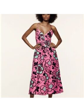 Zara Pink Floral Poplin Midi Dress with Turquoise Accents